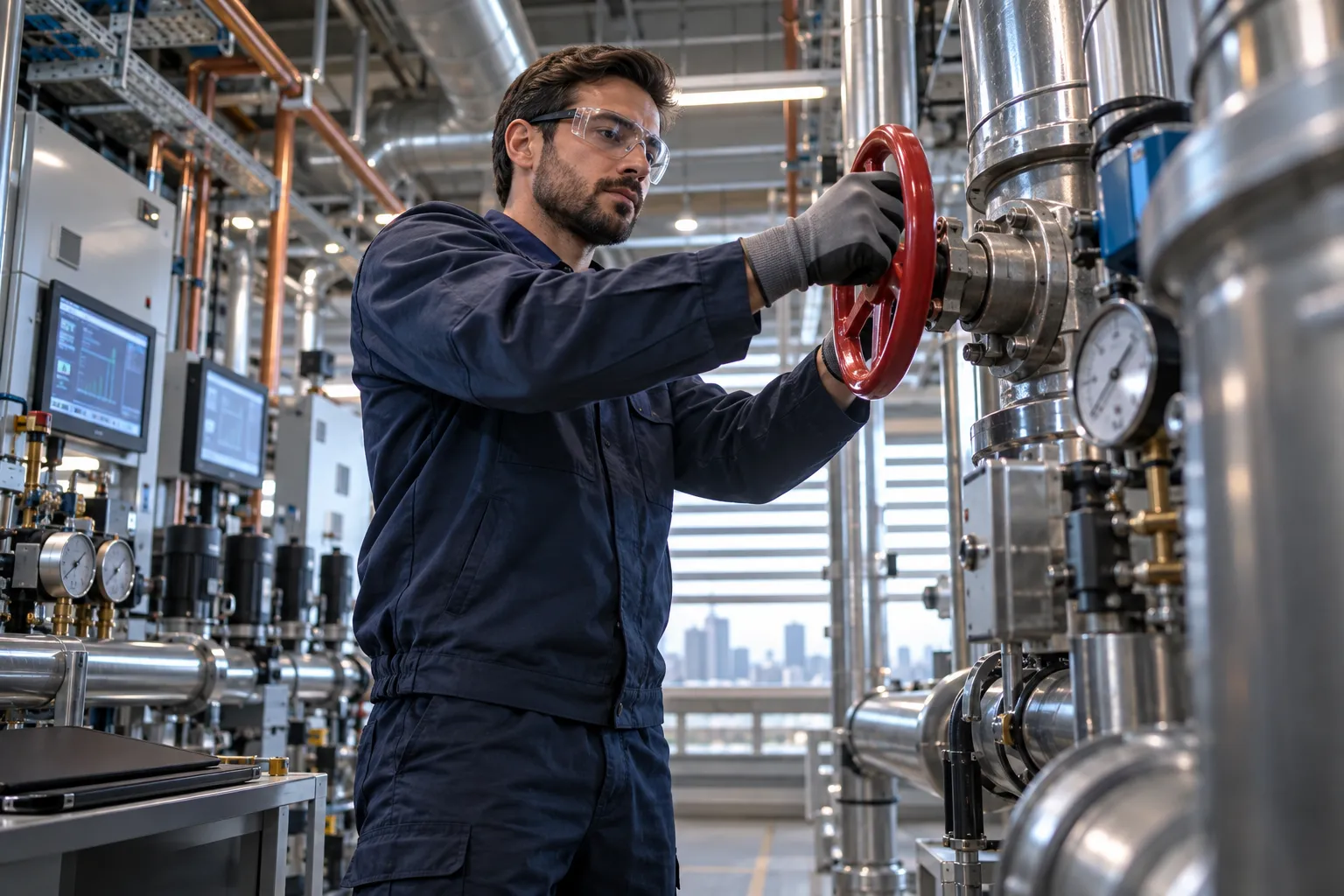 Modern commercial plant room with HVAC systems and precision maintenance equipment