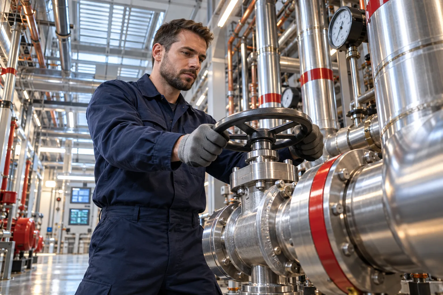 Modern commercial plant room with HVAC systems and precision maintenance equipment