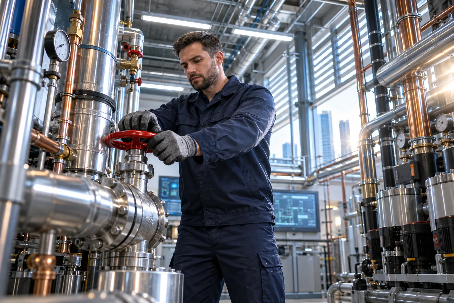 Technician maintaining modern HVAC equipment in commercial plant room