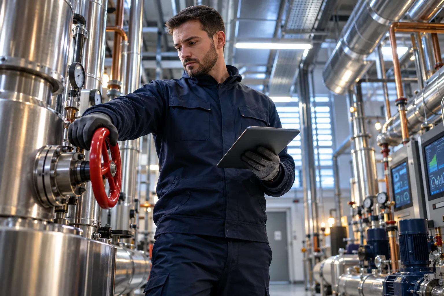Modern commercial plant room with HVAC systems and electrical panels