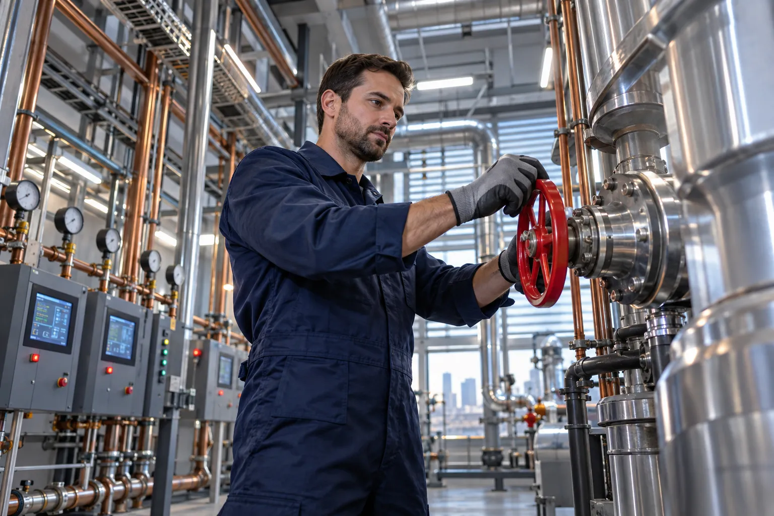 Modern HVAC plant room with precision-maintained commercial mechanical systems