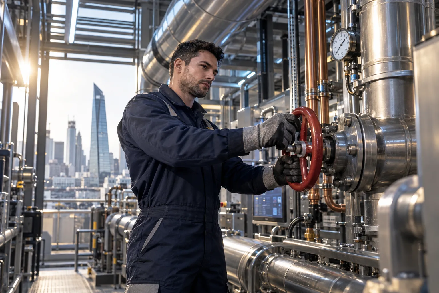 Modern commercial plant room with HVAC systems and precision maintenance equipment