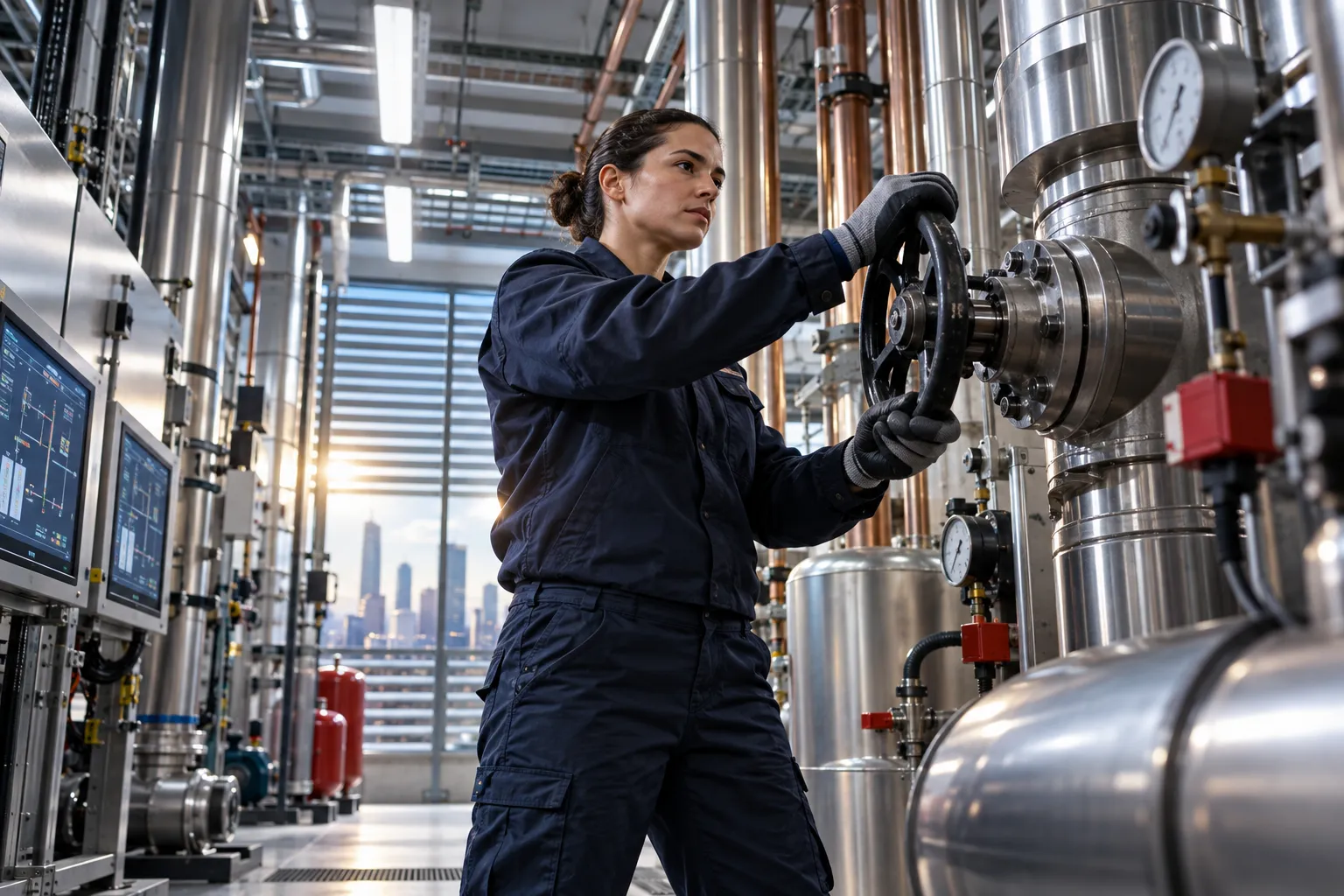 Engineer performing precision maintenance on modern commercial HVAC plant room equipment