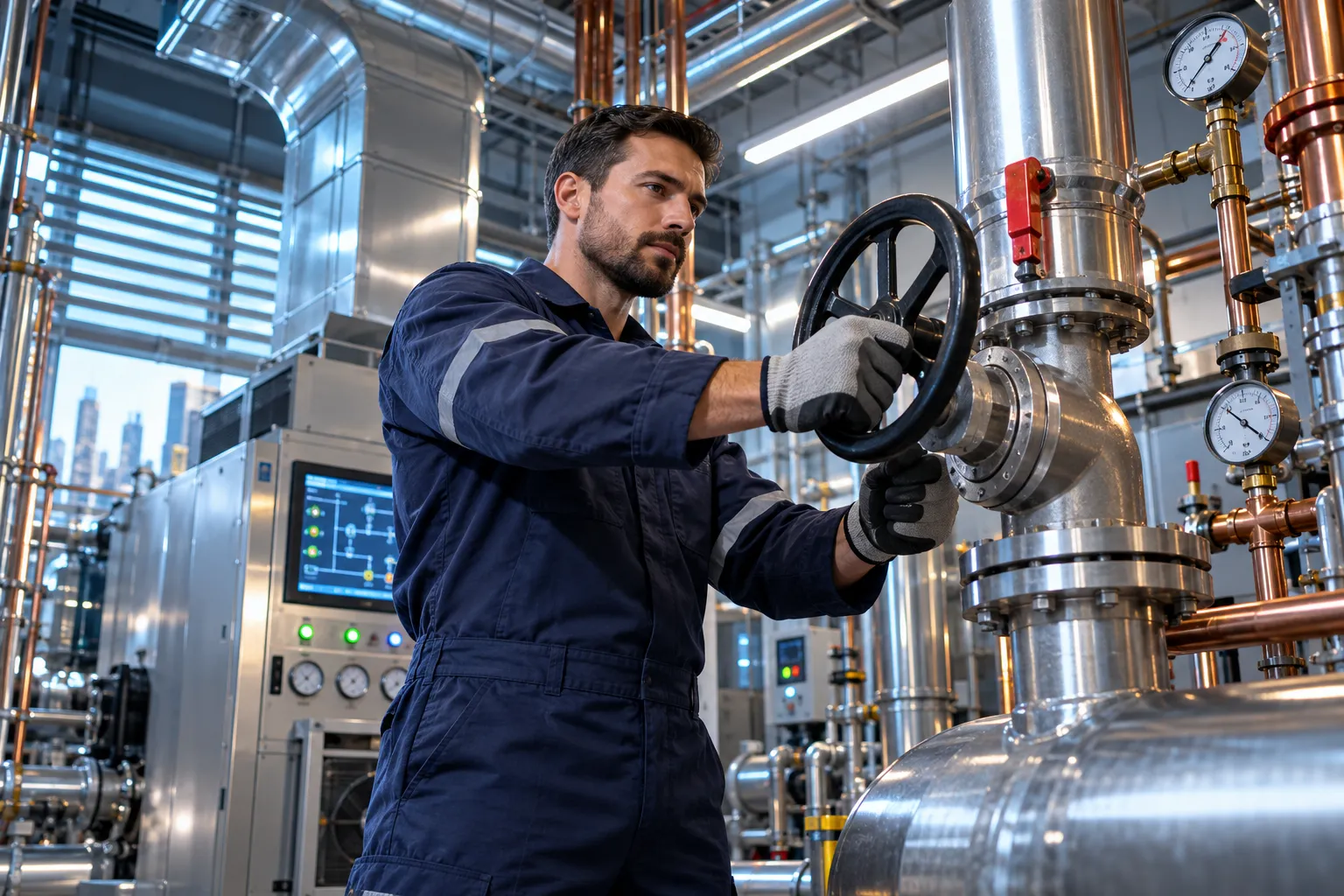 Modern commercial plant room with HVAC systems and precision maintenance equipment