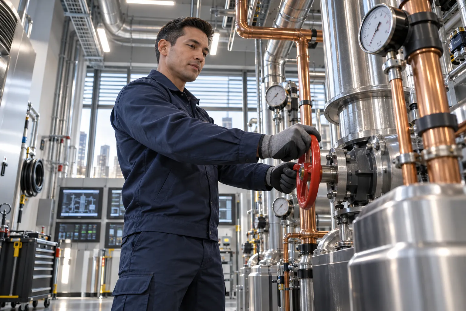 Technician inspecting modern commercial HVAC equipment in clean plant room