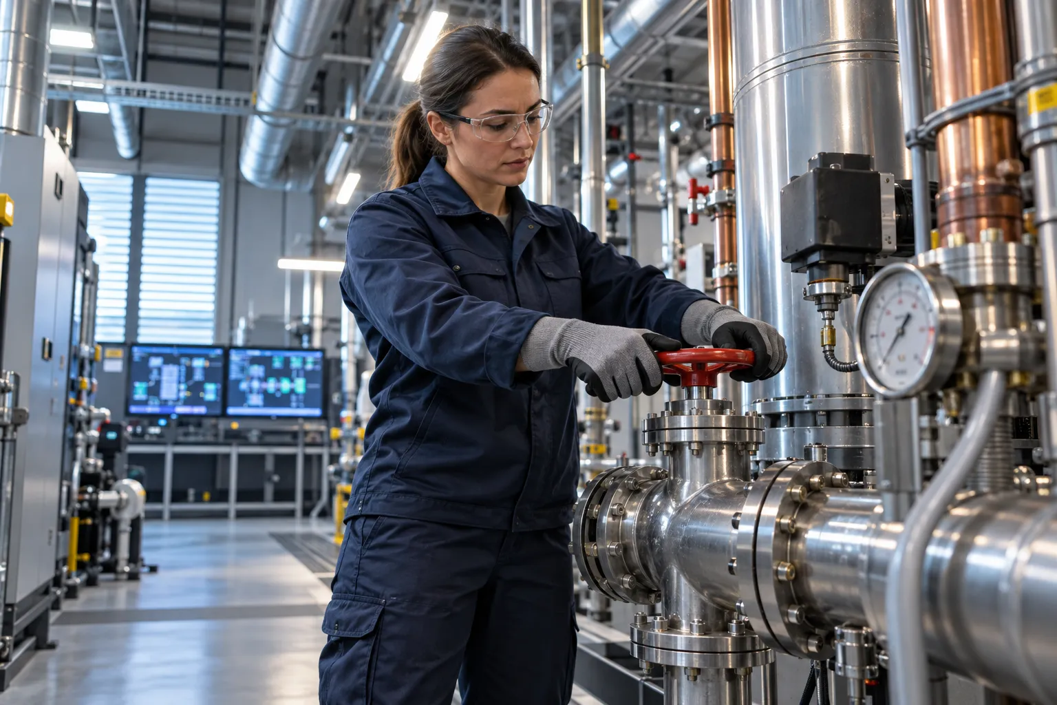 Engineer performing precision maintenance on modern HVAC system in commercial plant room