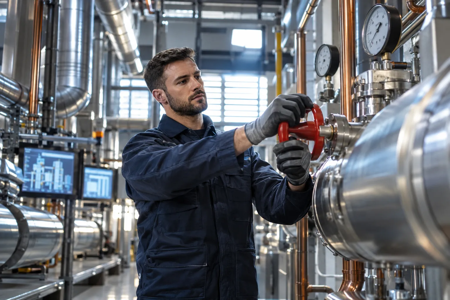 Technician servicing modern commercial HVAC equipment in a clean plant room