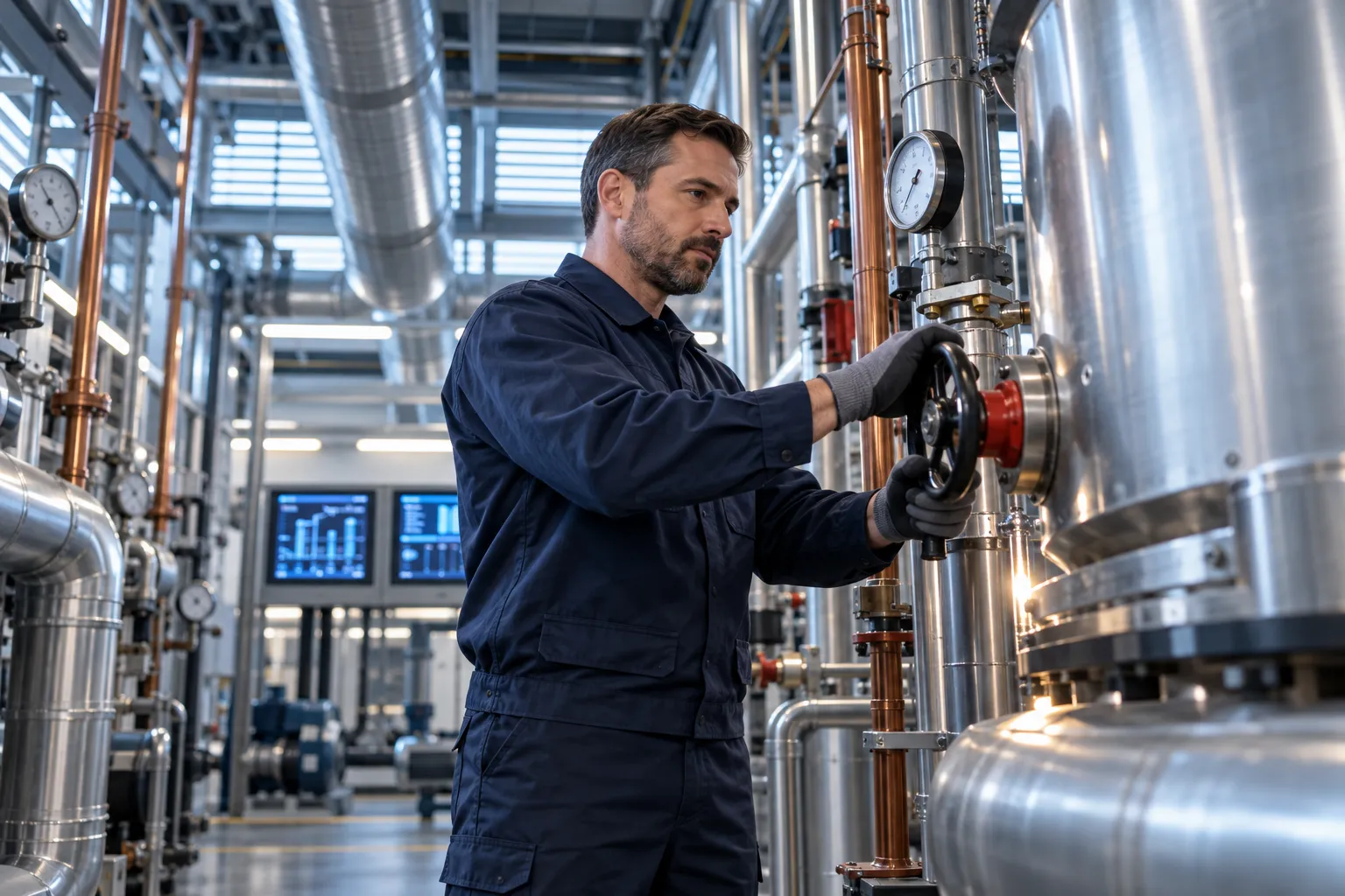 Technician inspecting modern HVAC equipment in clean commercial plant room