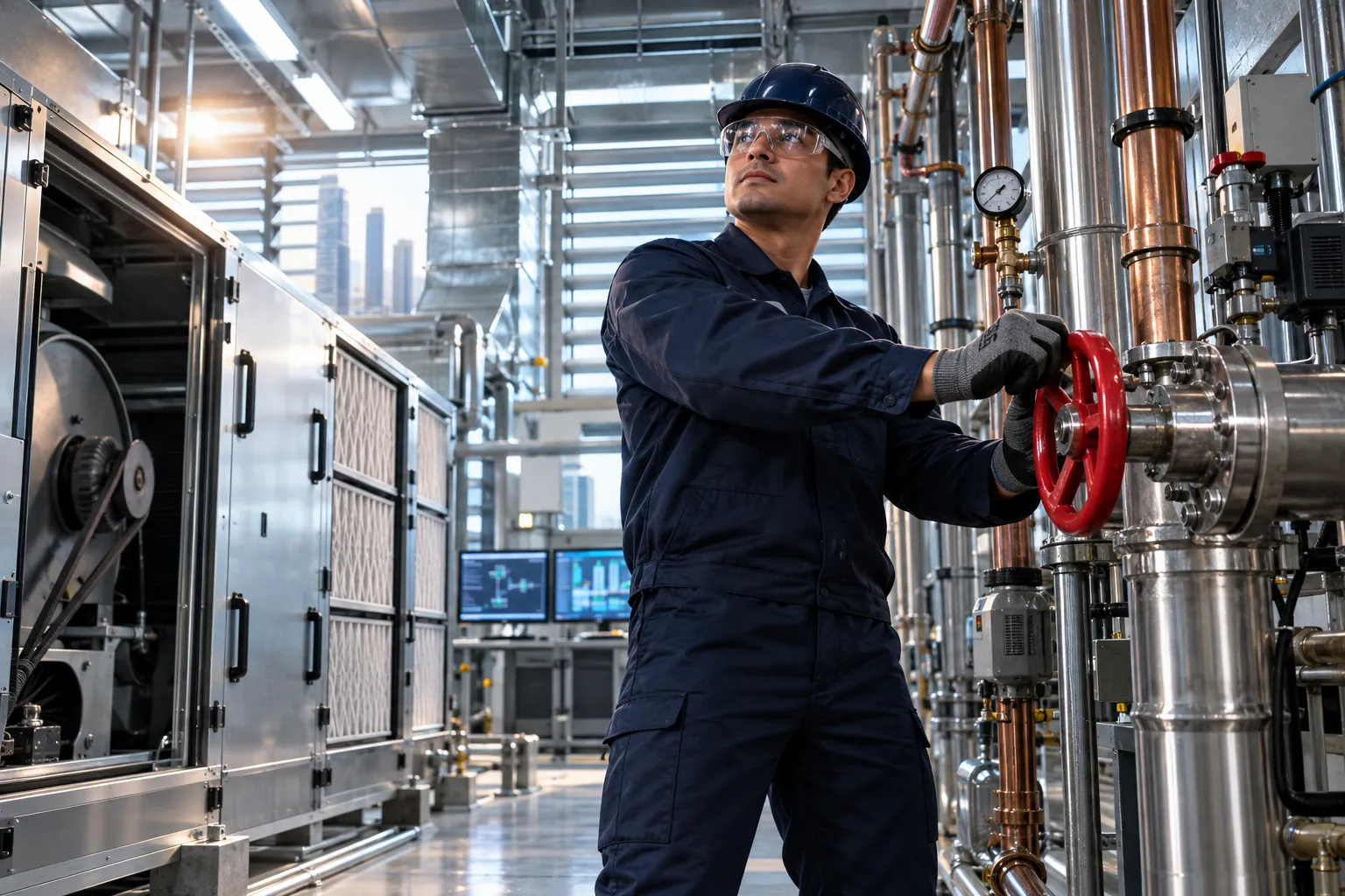 Engineer inspecting modern AHU controls in commercial plant room