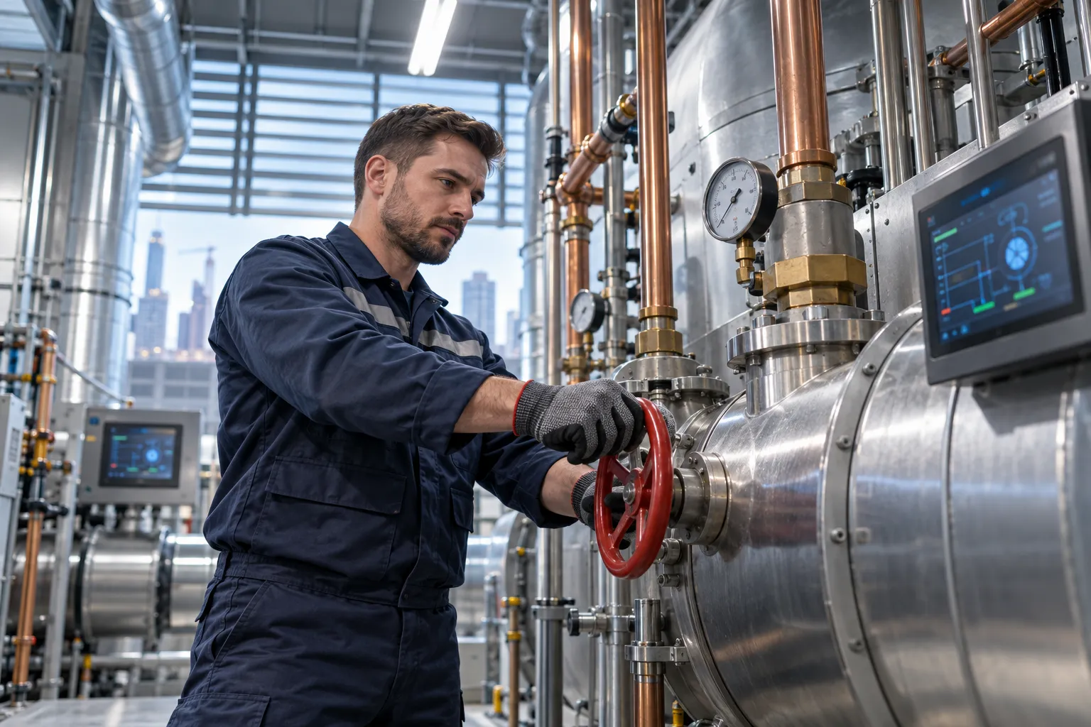 Technician inspecting modern HVAC unit in commercial plant room
