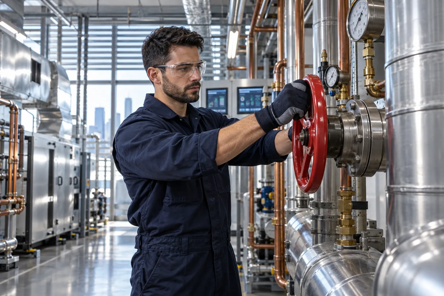 Technician maintaining modern HVAC equipment in a clean commercial plant room