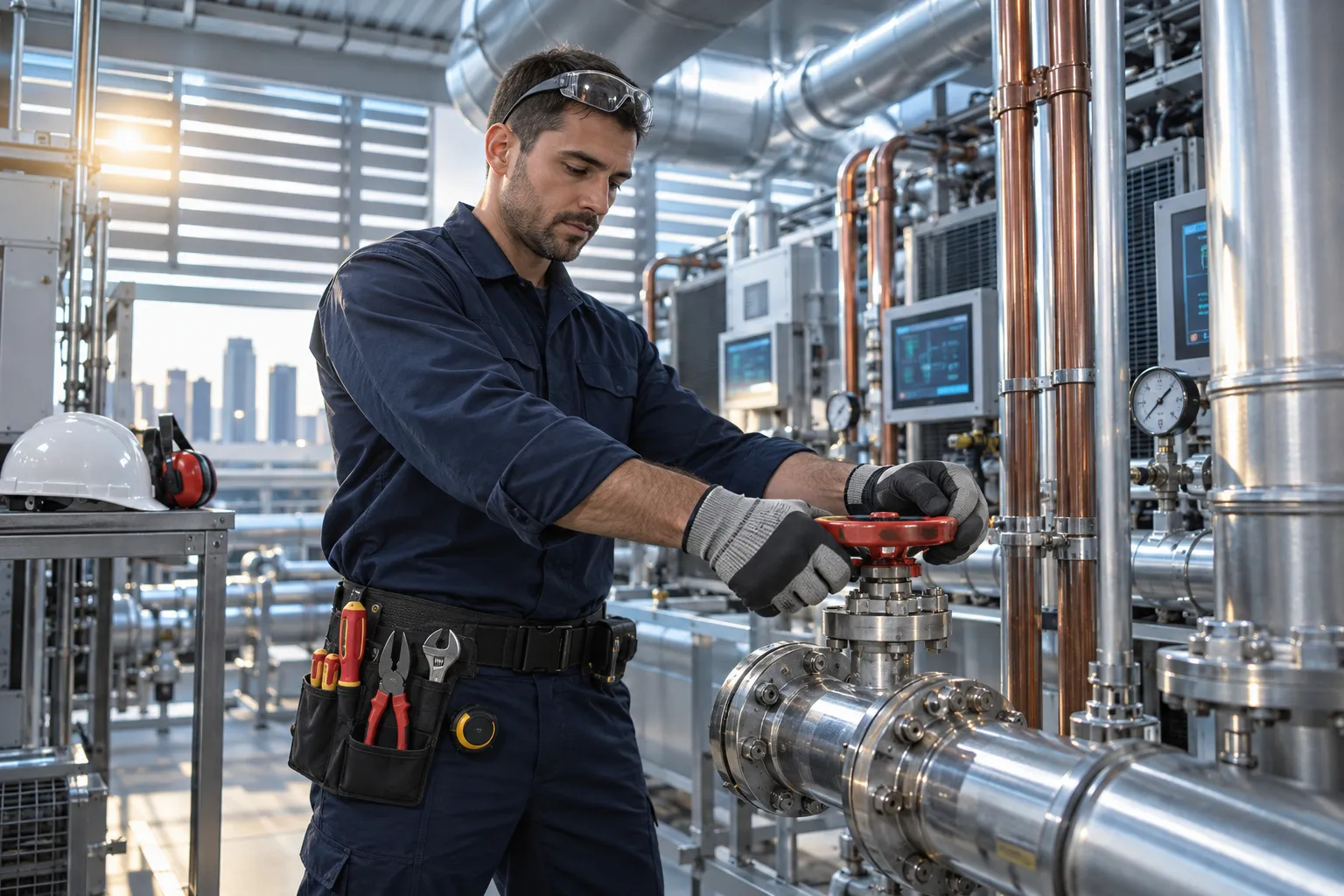 Engineer in safety gear inspecting modern commercial HVAC plant room equipment