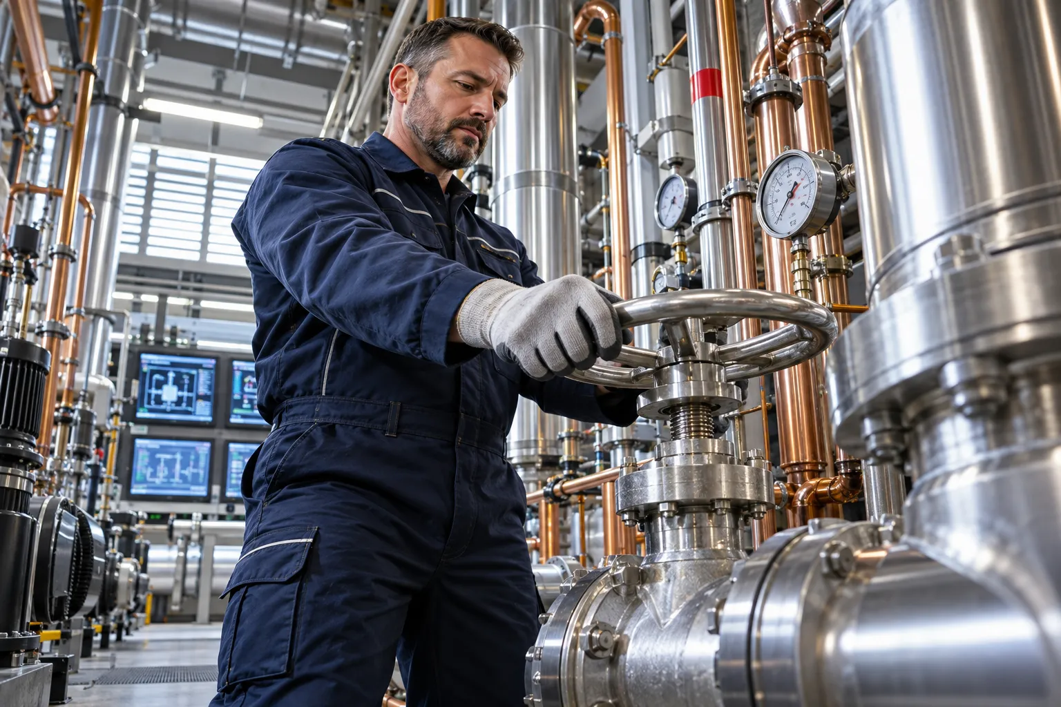 Engineer performing precision maintenance on modern commercial HVAC plant room equipment