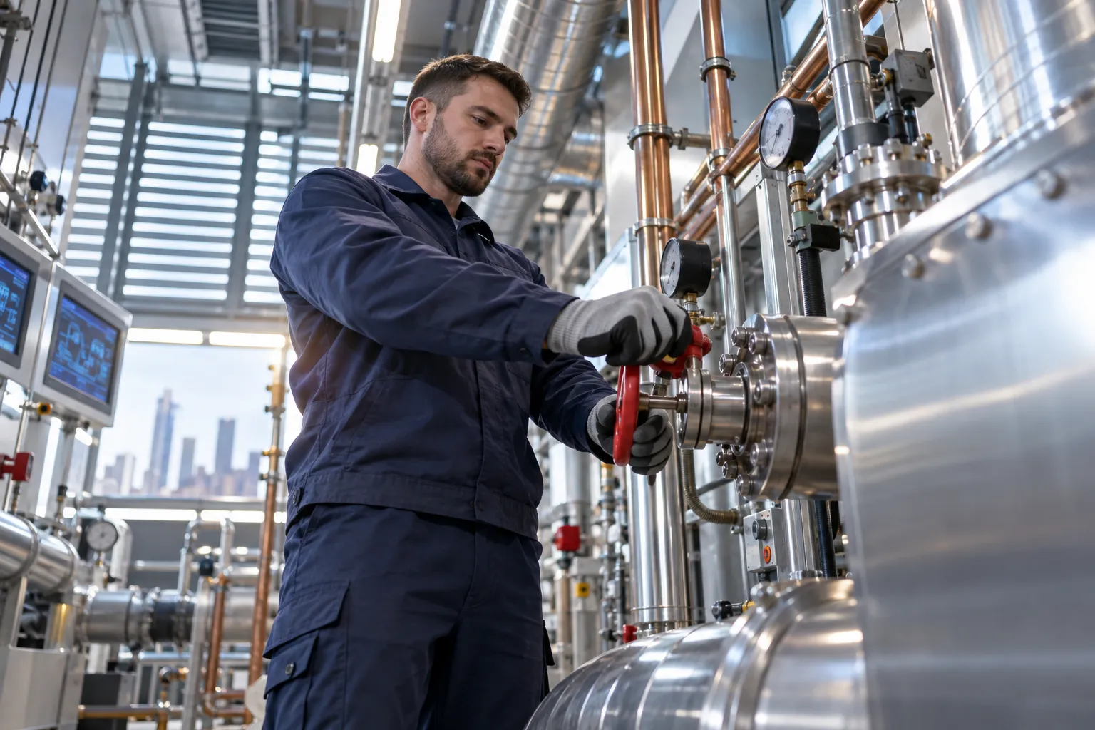 Modern commercial plant room with HVAC systems and precision maintenance equipment