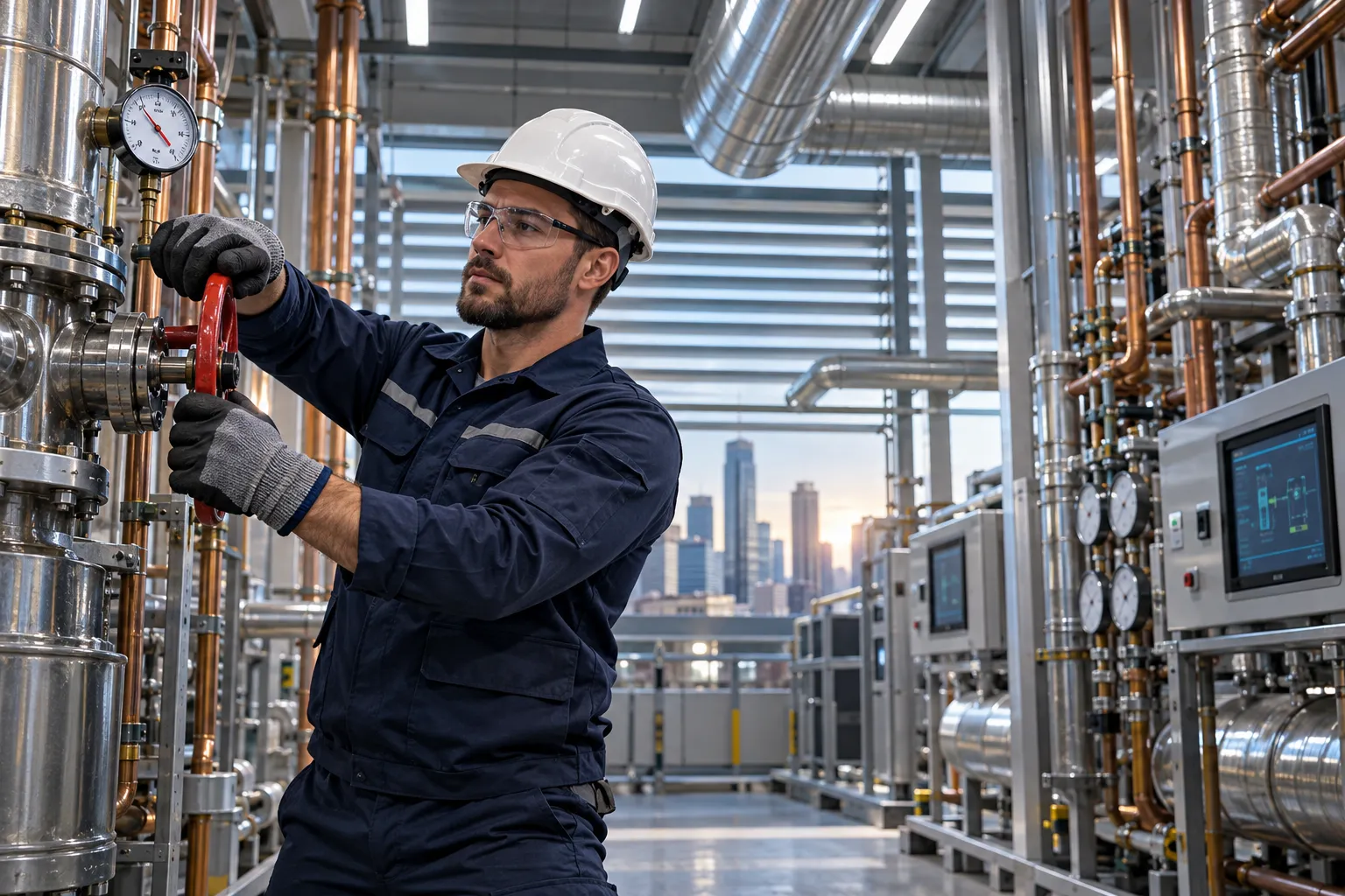 Technician inspecting modern commercial HVAC systems in a clean plant room