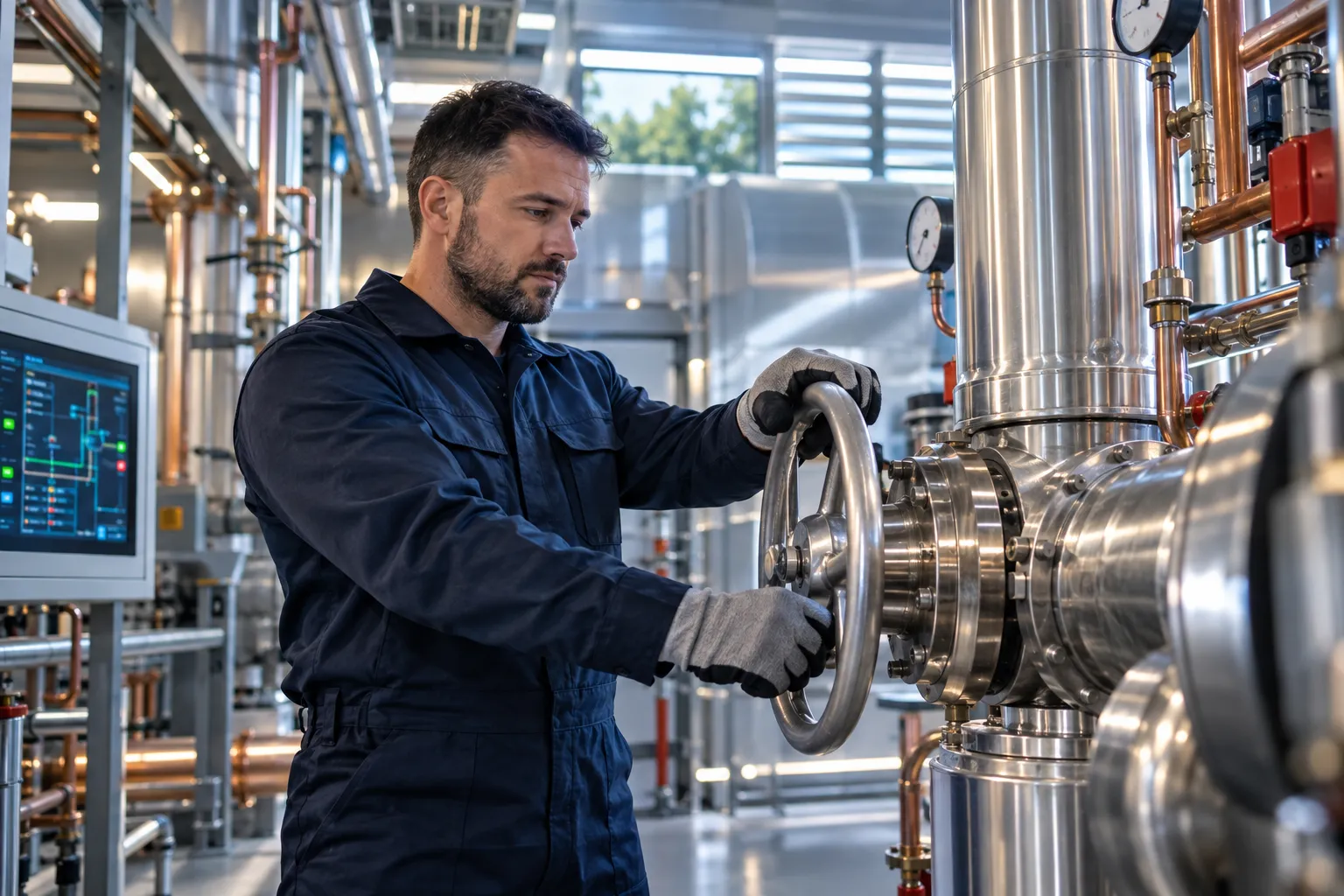 Modern commercial plant room with HVAC systems and precision maintenance equipment