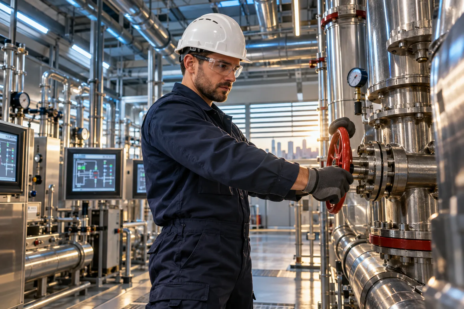 Modern commercial plant room with HVAC systems and maintenance equipment