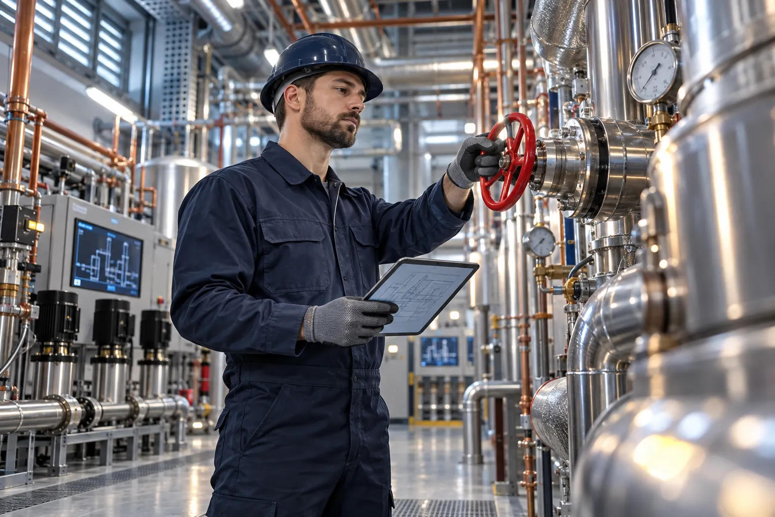Technician performing precision maintenance on modern commercial HVAC systems