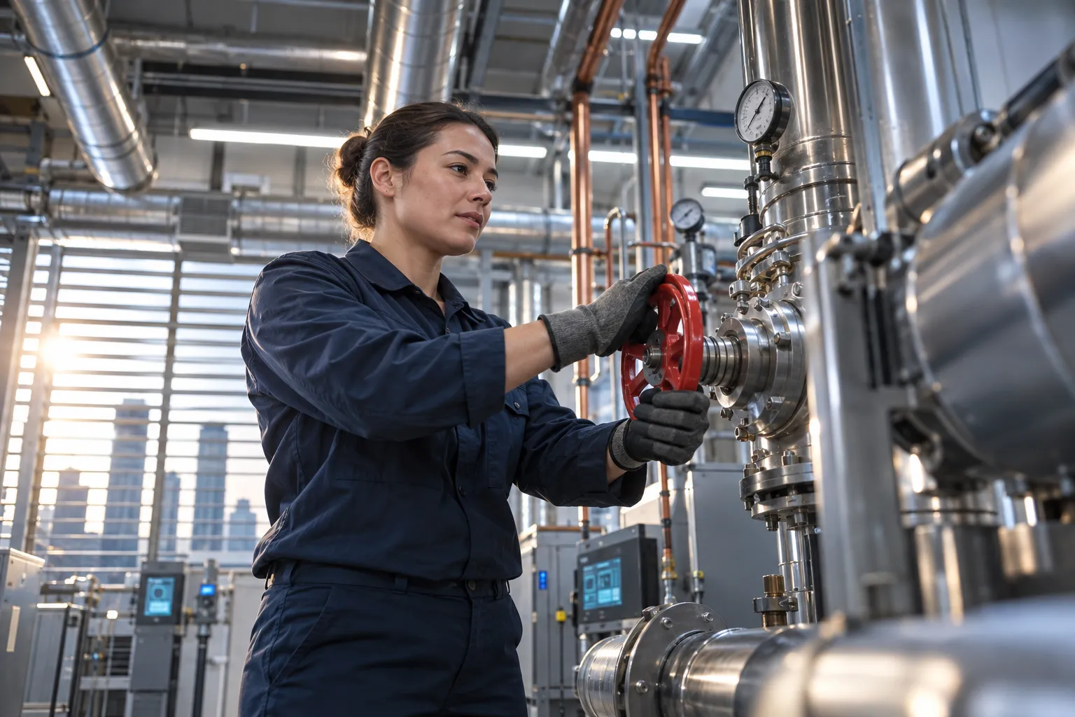 Engineer inspecting modern HVAC system in commercial plant room