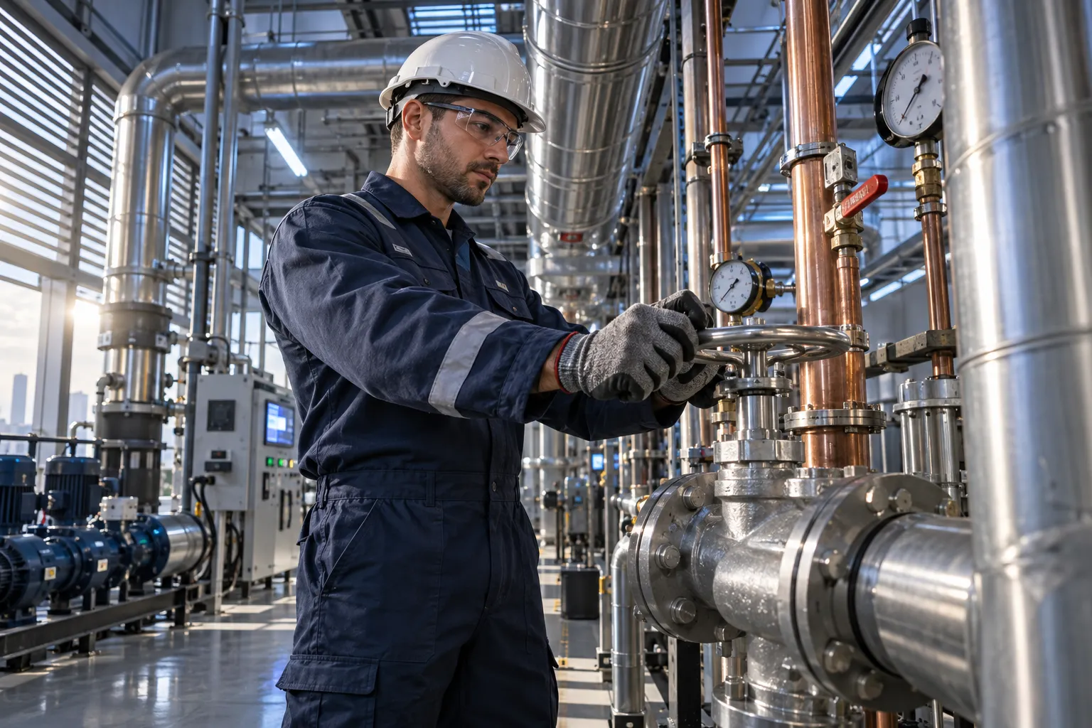 Modern commercial plant room with HVAC systems and precision maintenance equipment