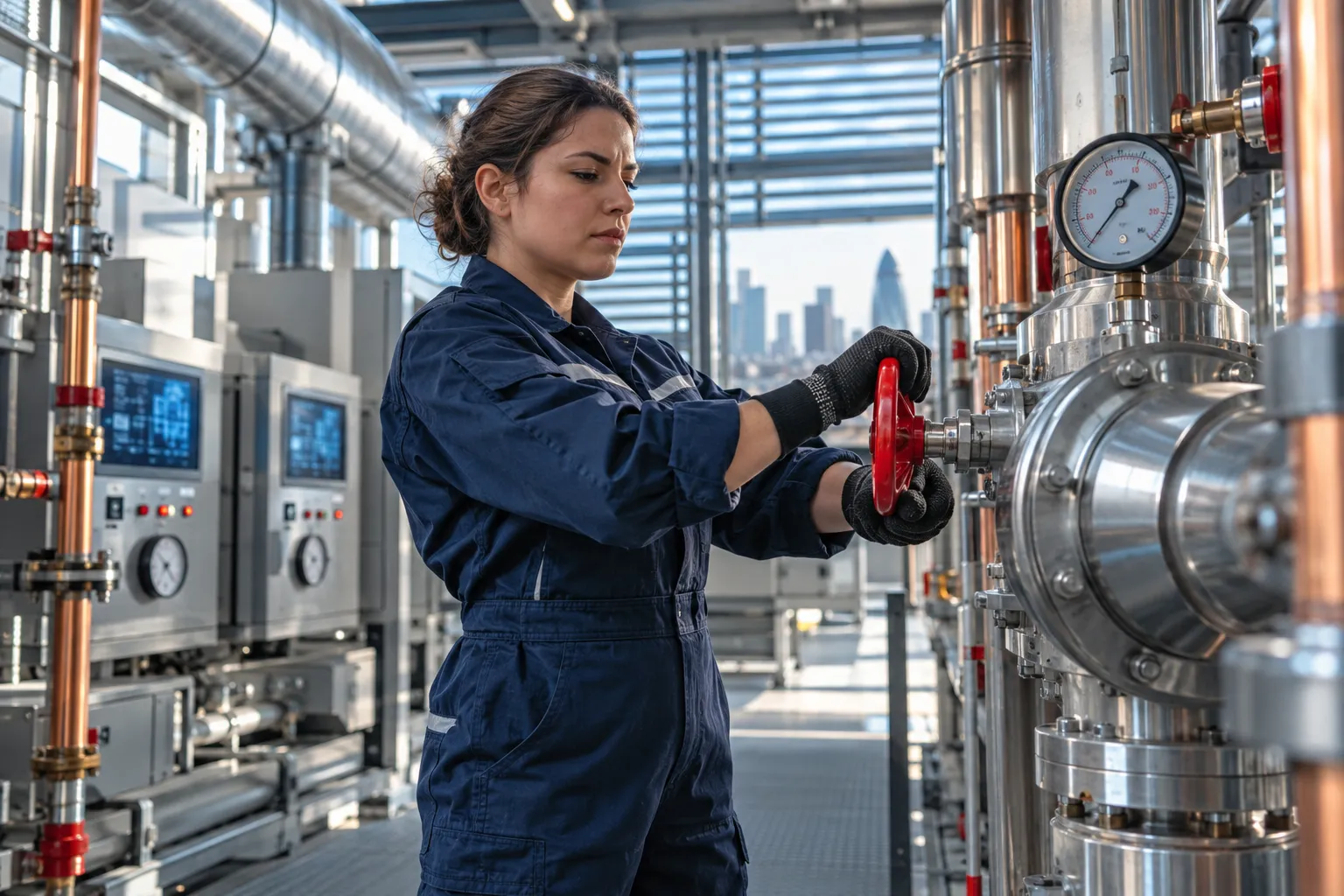Engineer inspecting modern HVAC system in commercial plant room