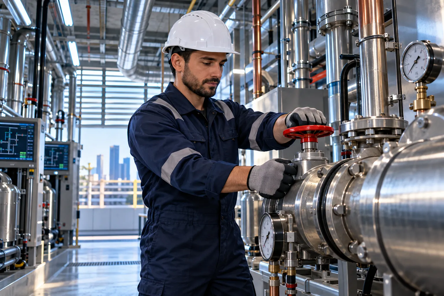 Technician inspecting modern HVAC equipment in a clean commercial plant room