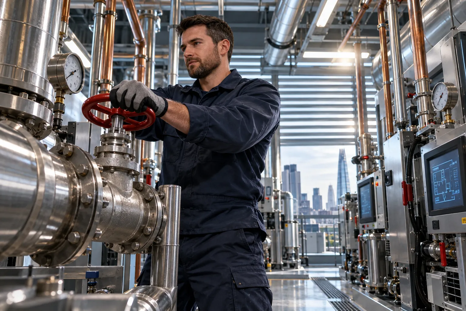 Industrial electrician performing precision maintenance in a modern commercial plant room