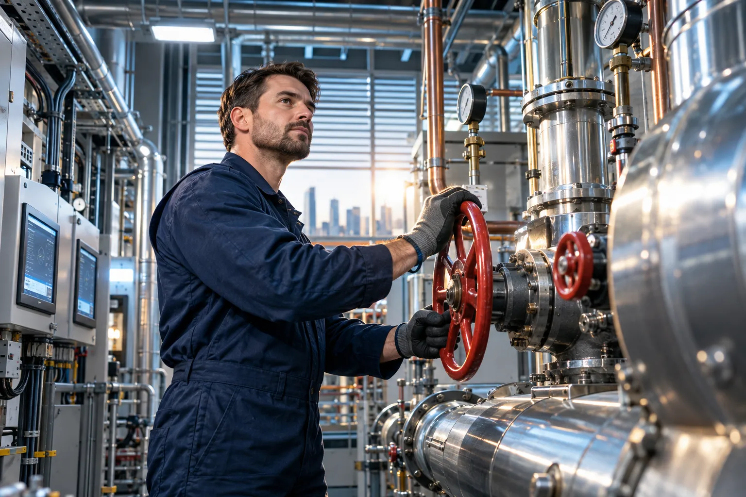Engineer performing precision maintenance on modern HVAC system in commercial plant room