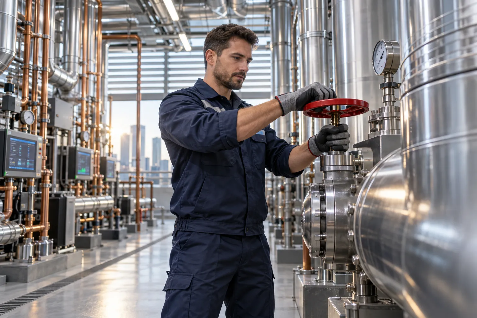 Technician inspecting modern HVAC equipment in clean commercial plant room