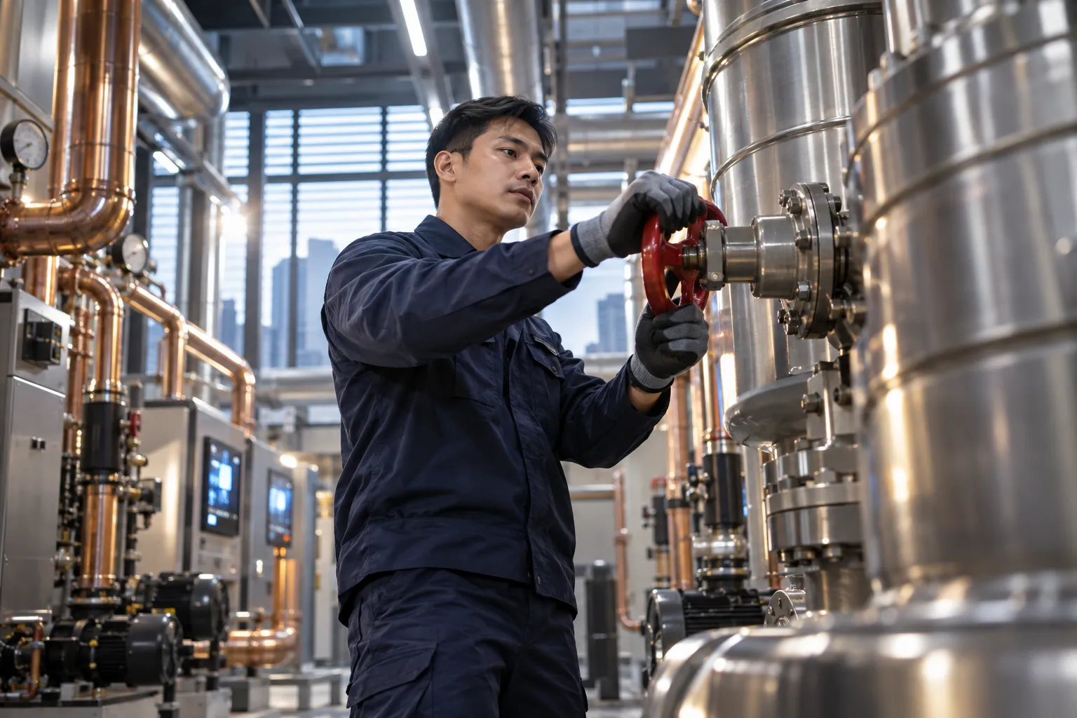 Engineer performing precision maintenance on modern commercial HVAC plant room equipment