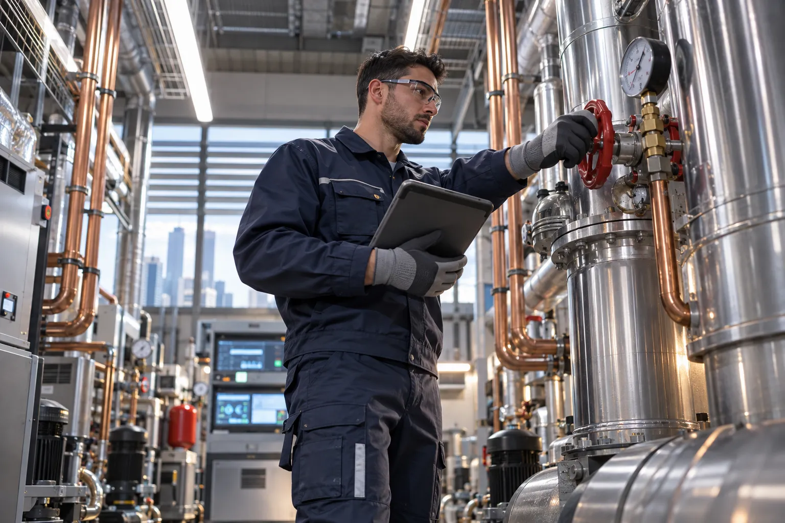 Technician inspecting modern HVAC equipment in a commercial plant room