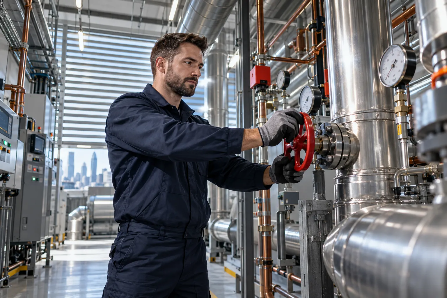 Modern commercial plant room with HVAC systems and precision maintenance equipment