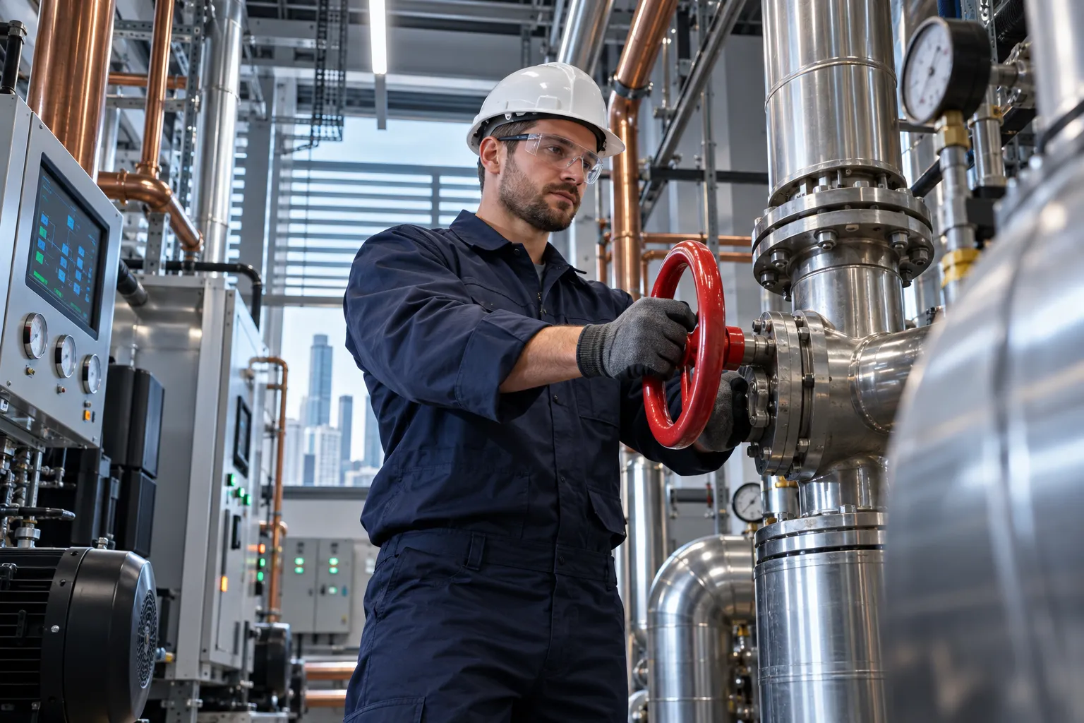 Modern commercial plant room with HVAC systems and precision maintenance equipment