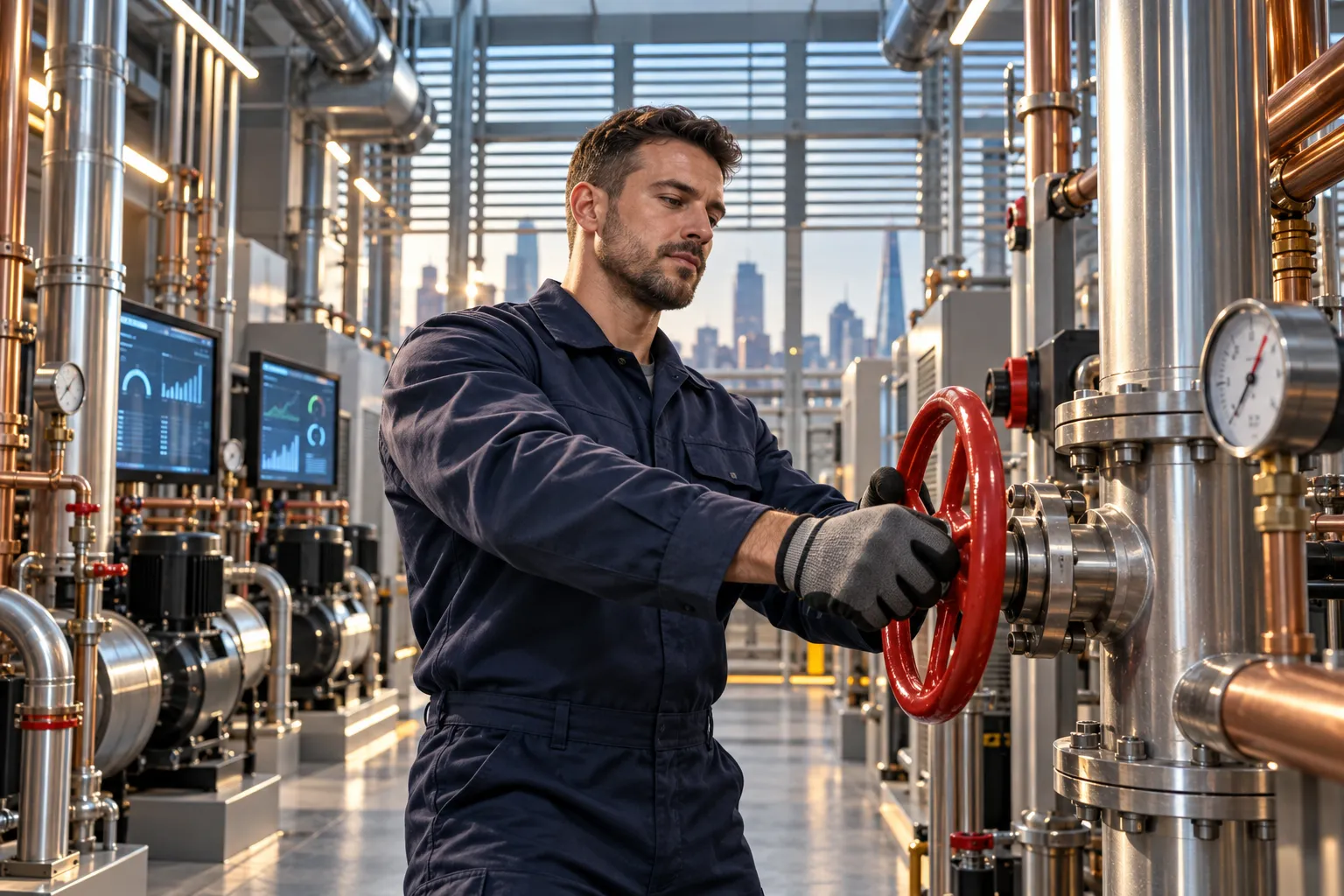 Engineer performing precision maintenance on modern HVAC system in commercial plant room