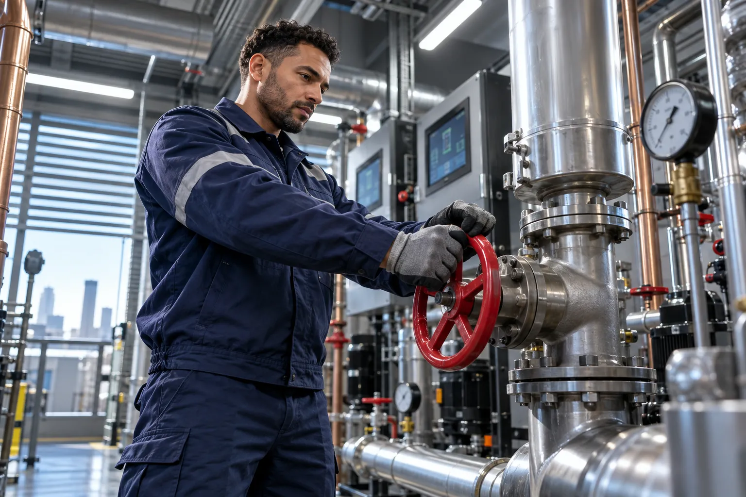 Modern commercial plant room with HVAC systems and maintenance equipment