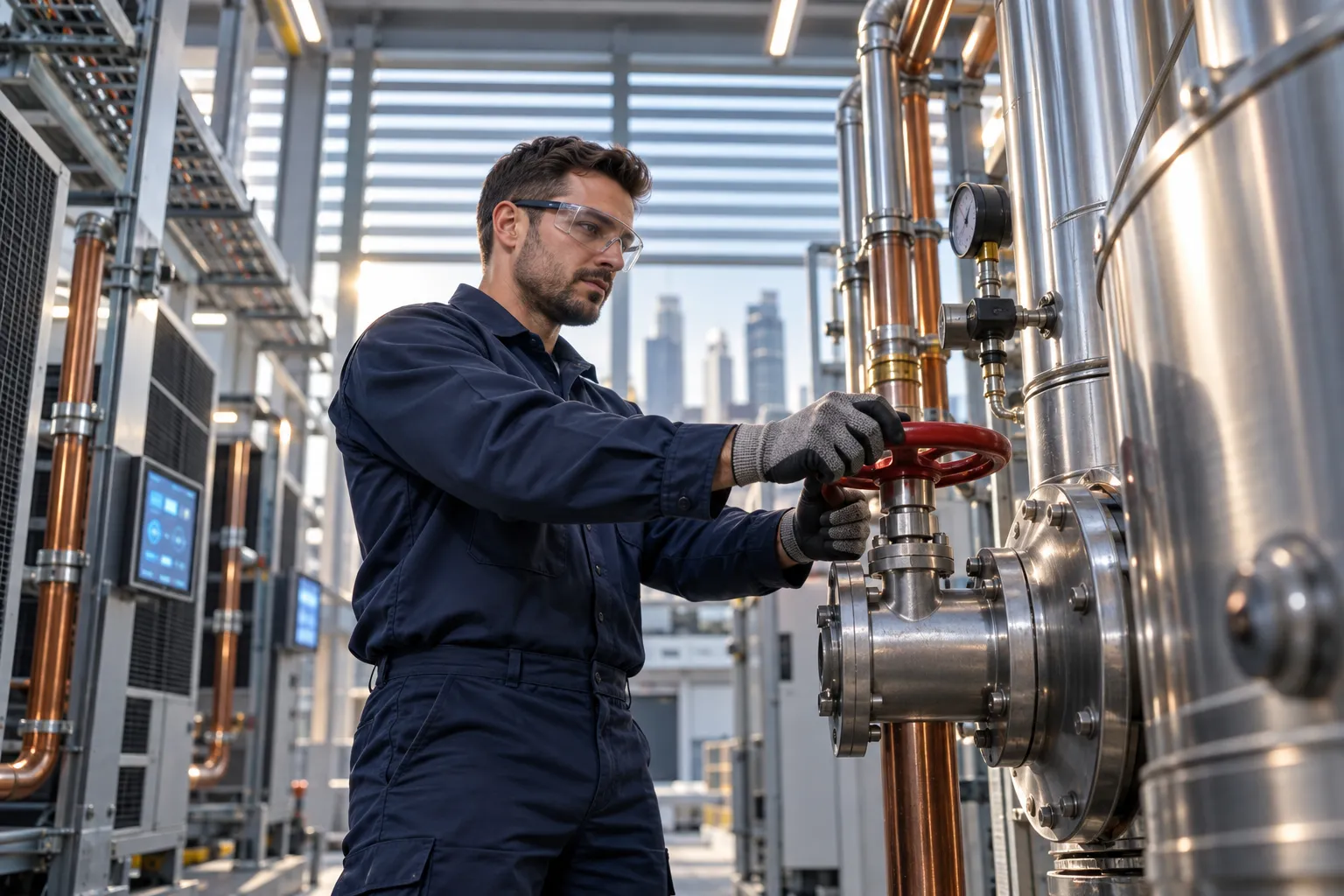 Modern commercial plant room with HVAC systems and precision maintenance equipment