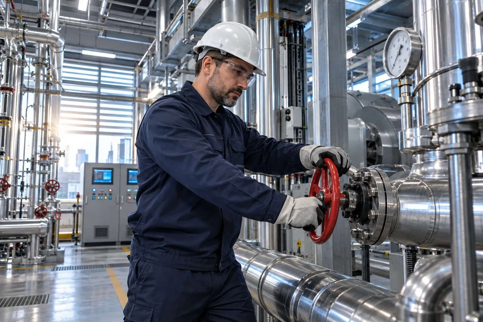 Commercial plant room with modern HVAC systems and precision maintenance equipment