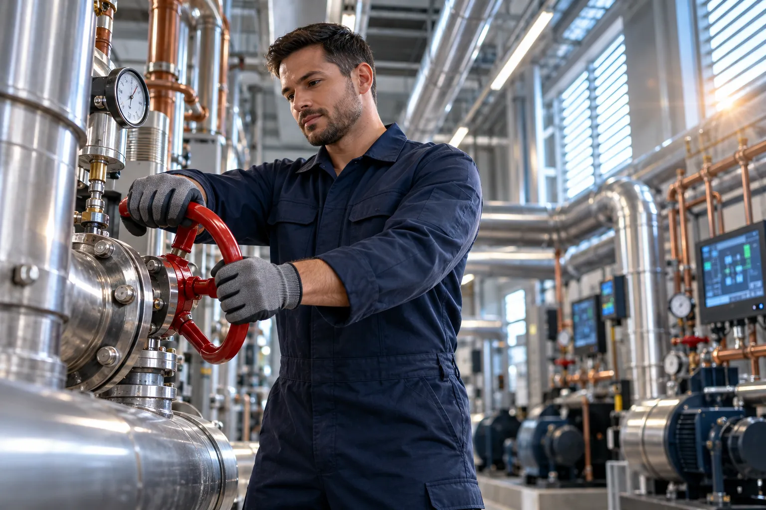 Engineer performing precision maintenance on modern HVAC system in commercial plant room