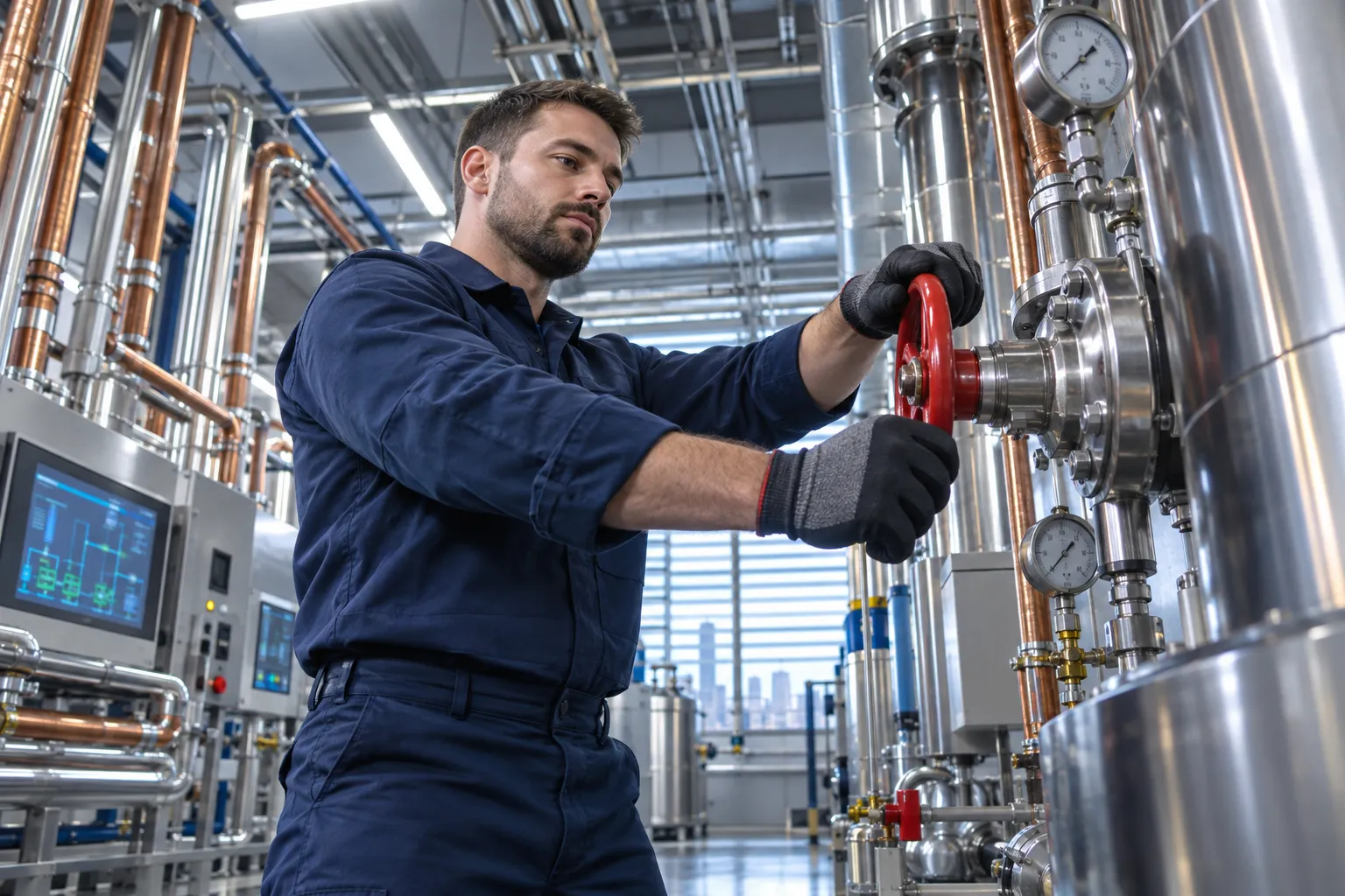 Technician performing precision maintenance on modern HVAC systems in commercial plant room