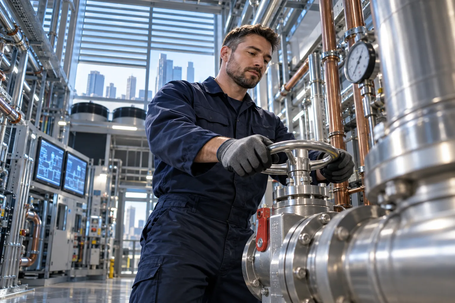 Technician performing precision maintenance on modern HVAC systems in commercial plant room