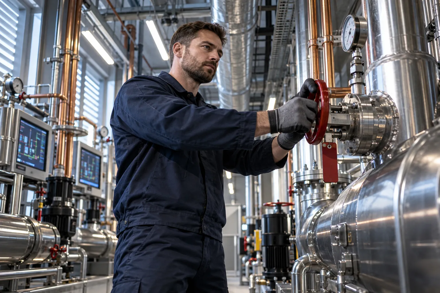 Modern commercial plant room with HVAC systems and precision maintenance equipment