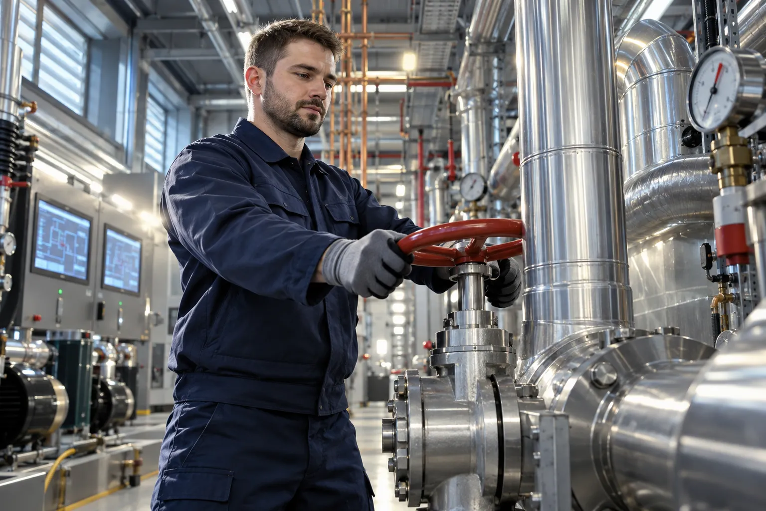 Modern commercial plant room with HVAC systems and precision maintenance equipment