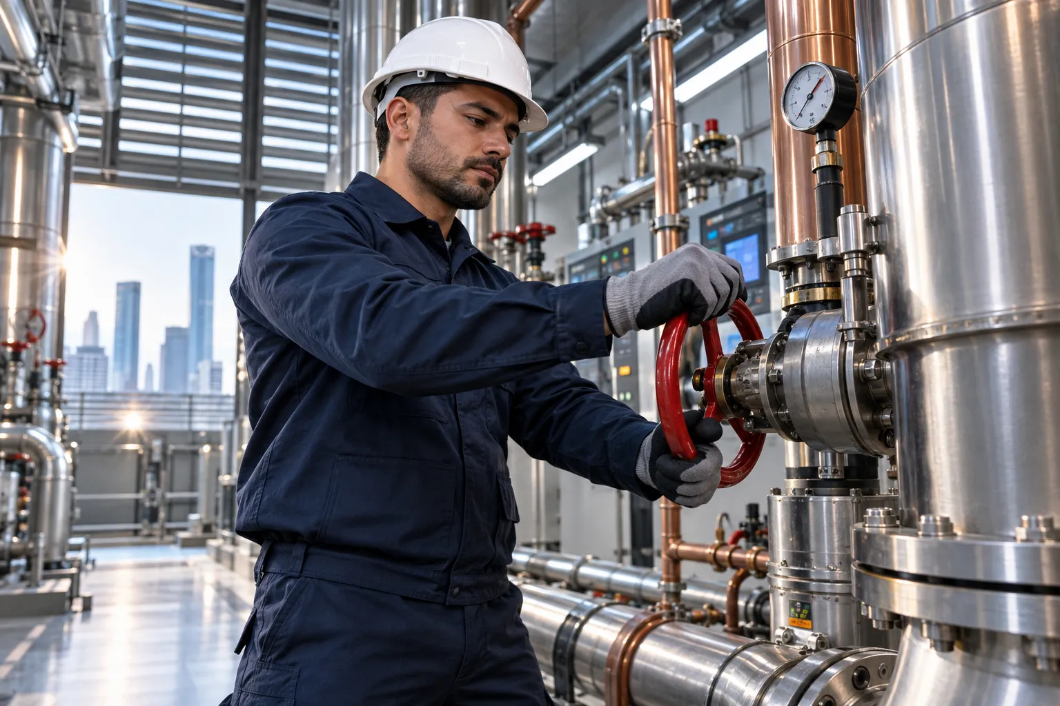 Engineer performing precision maintenance on modern HVAC system in commercial plant room