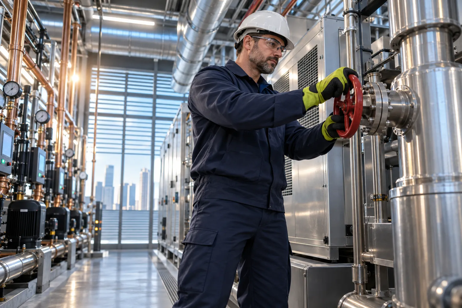 Modern commercial plant room with HVAC systems and precision maintenance equipment