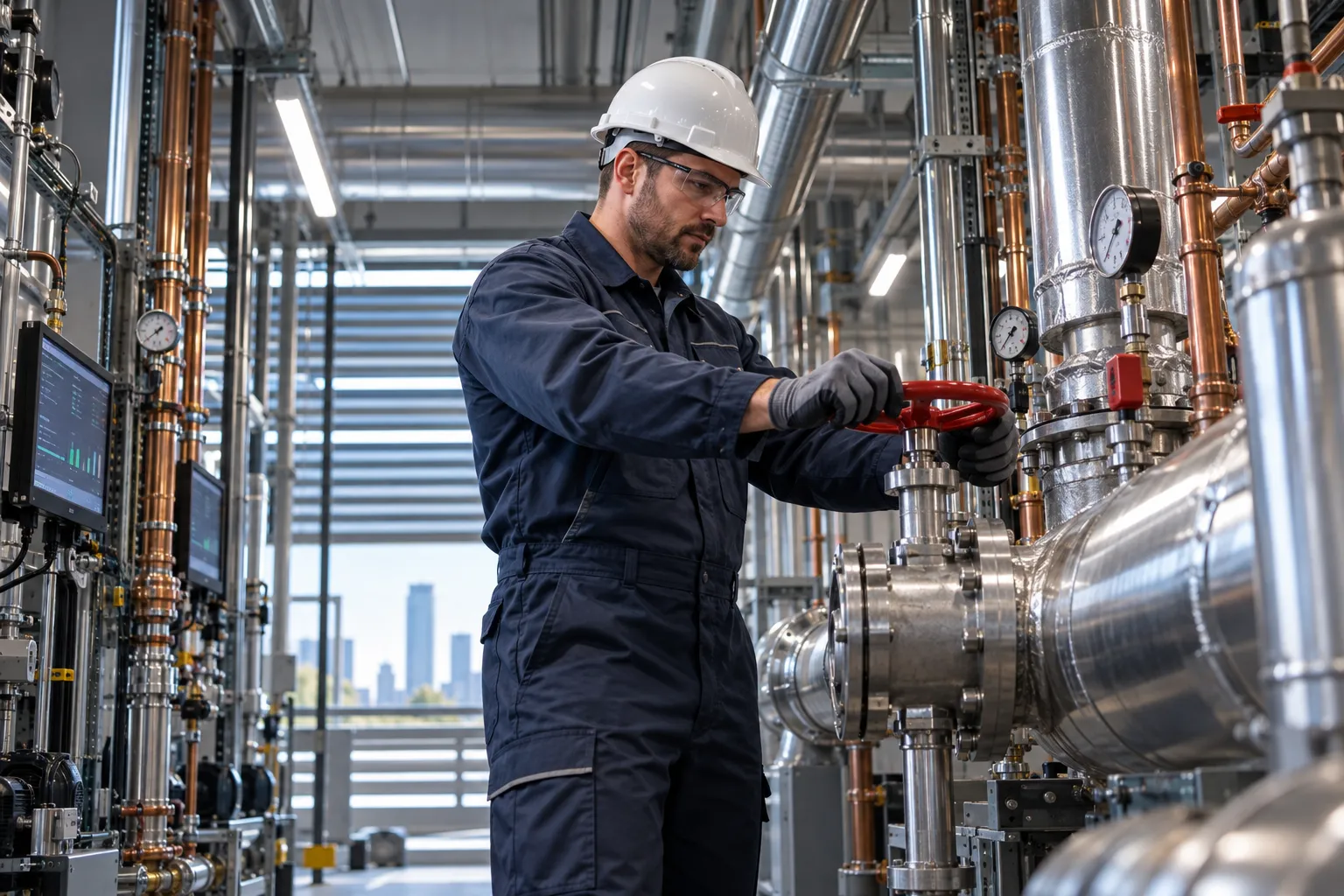 Modern commercial plant room with HVAC systems and precision maintenance equipment