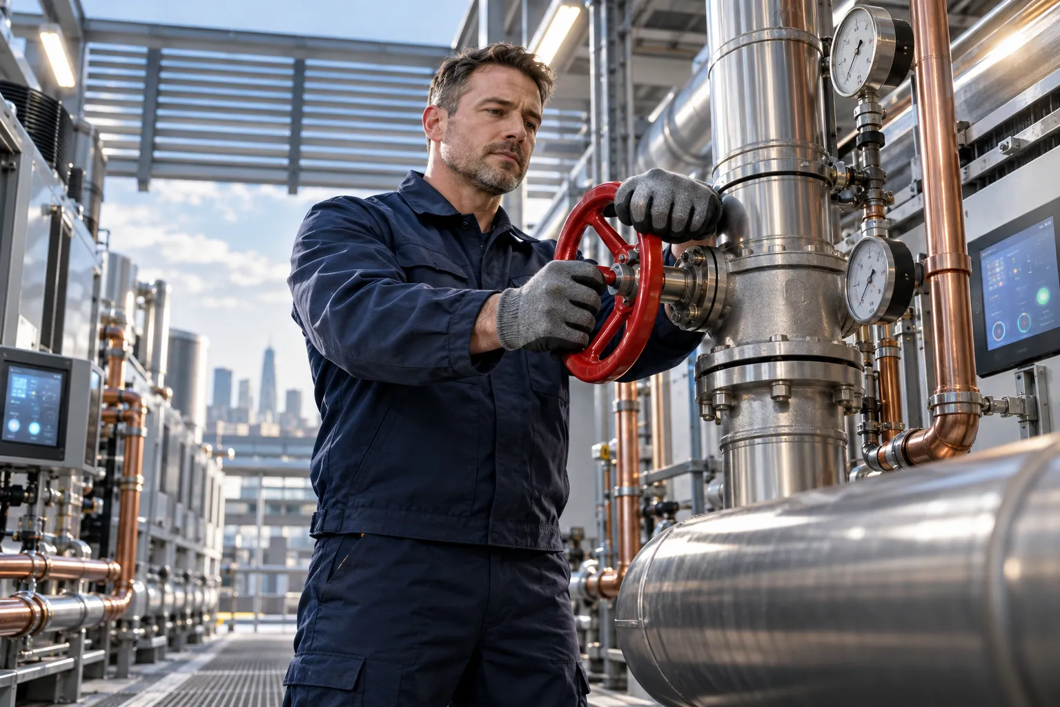 Modern commercial plant room with HVAC systems and mechanical equipment