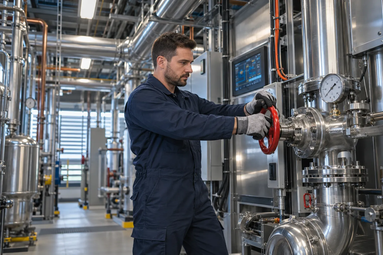 Engineer performing precision maintenance on modern commercial HVAC system in plant room
