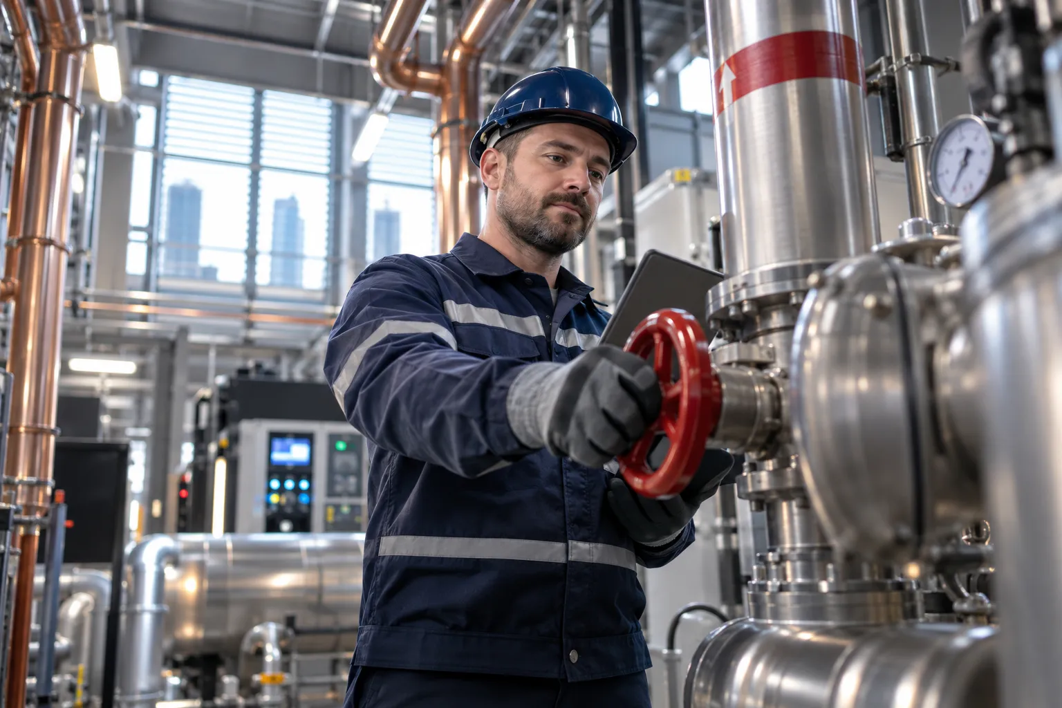 Commercial plant room with modern HVAC systems and maintenance equipment