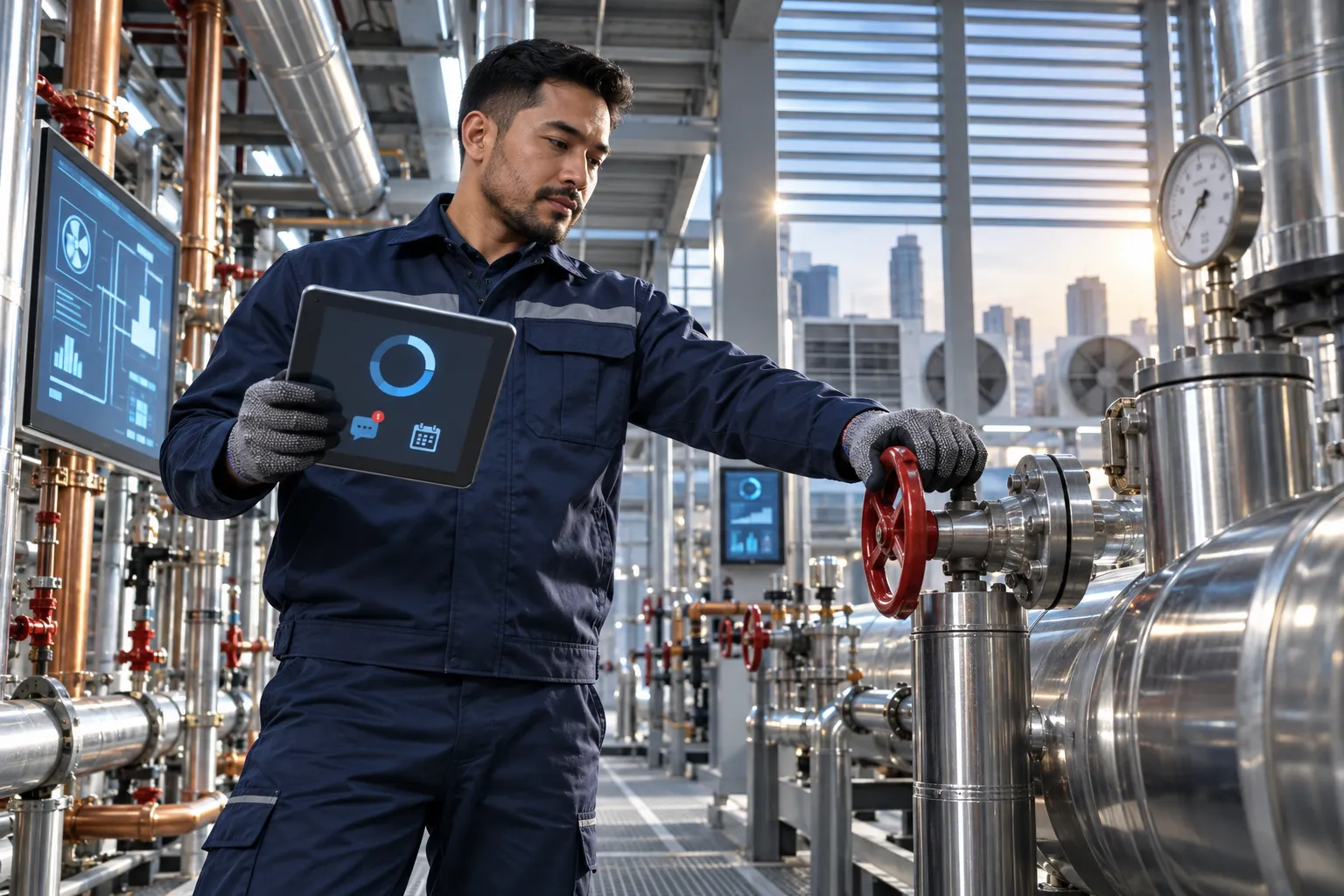 Technician performing precision maintenance on modern commercial HVAC system