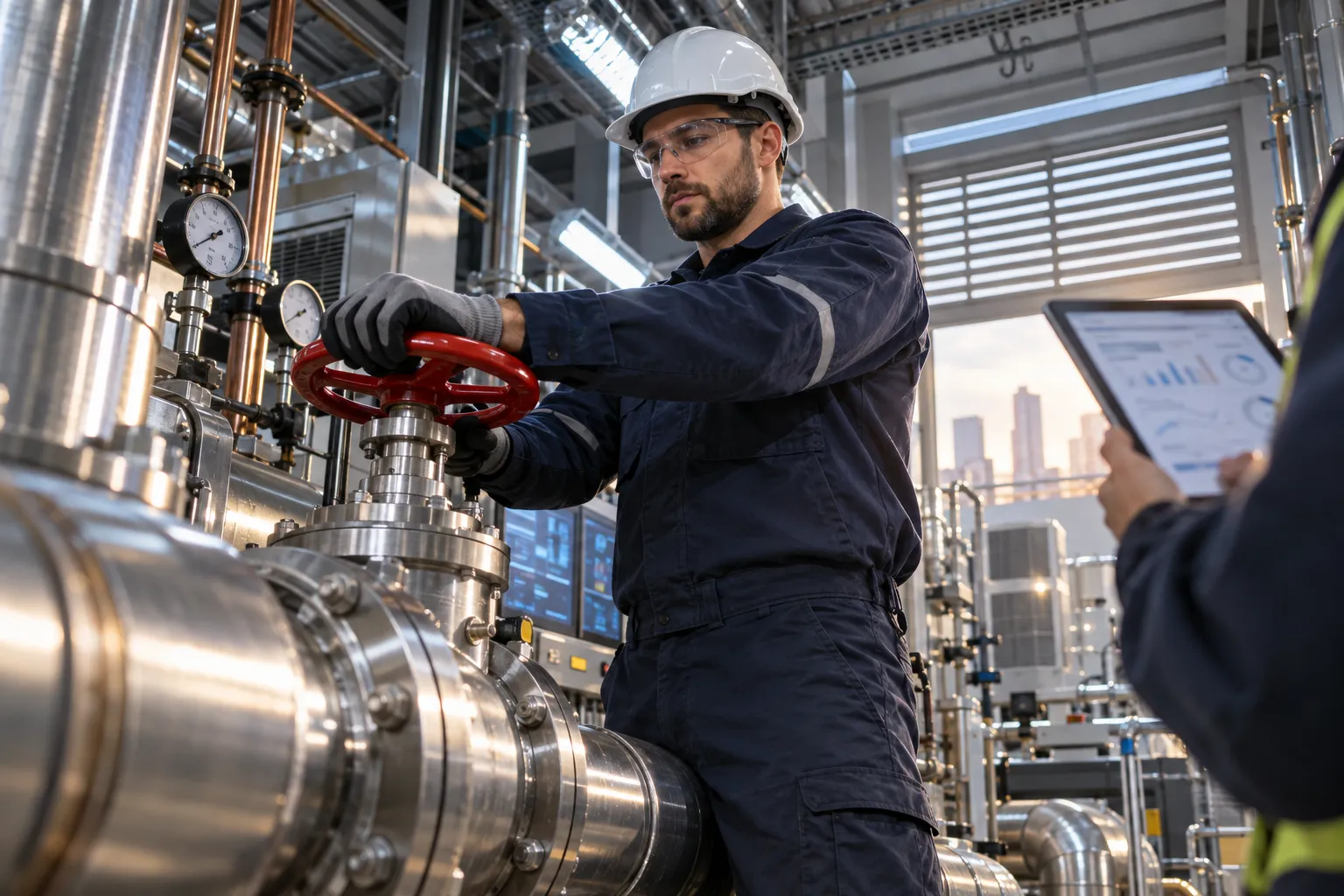 Industrial electrician inspecting modern commercial plant room electrical panel